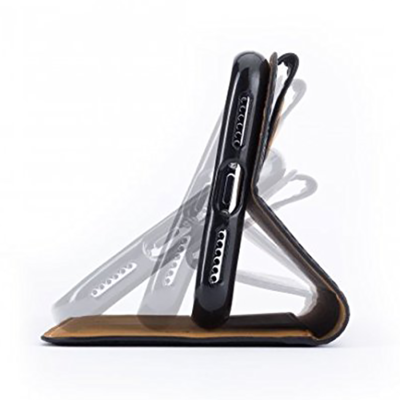 XQISIT Slim Wallet Selection iPhone XS Case - Brown - Stand View